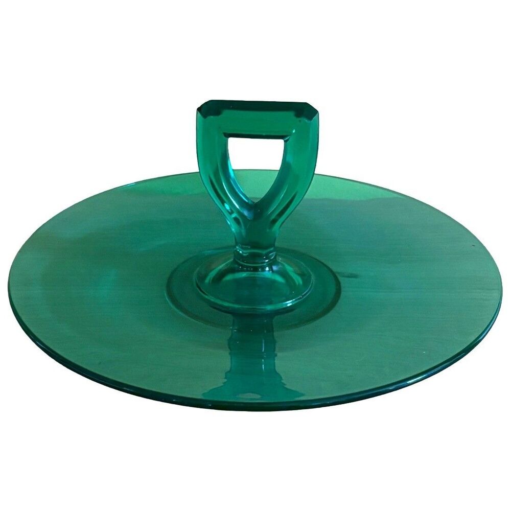 Vintage Uranium Glass Serving Tray Plate Green Glow Glass w Handle 10.5"